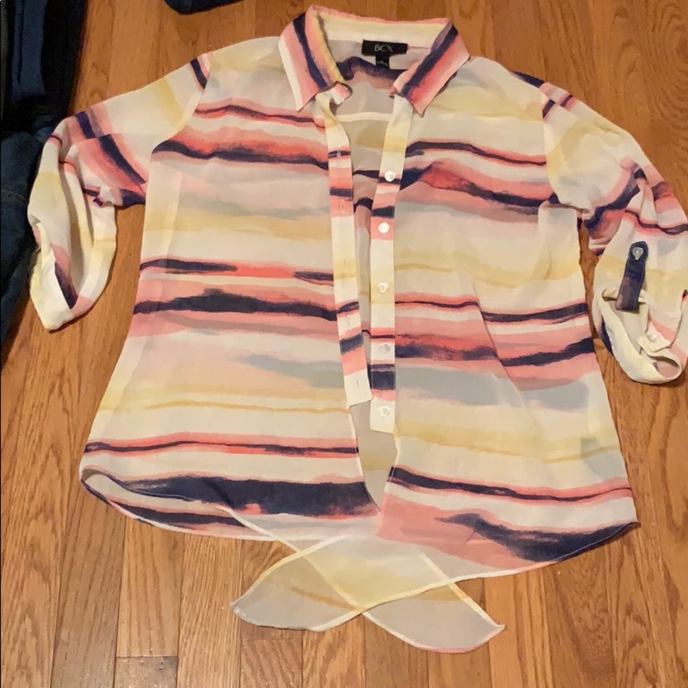 BCX sheer tie in front button down blouse